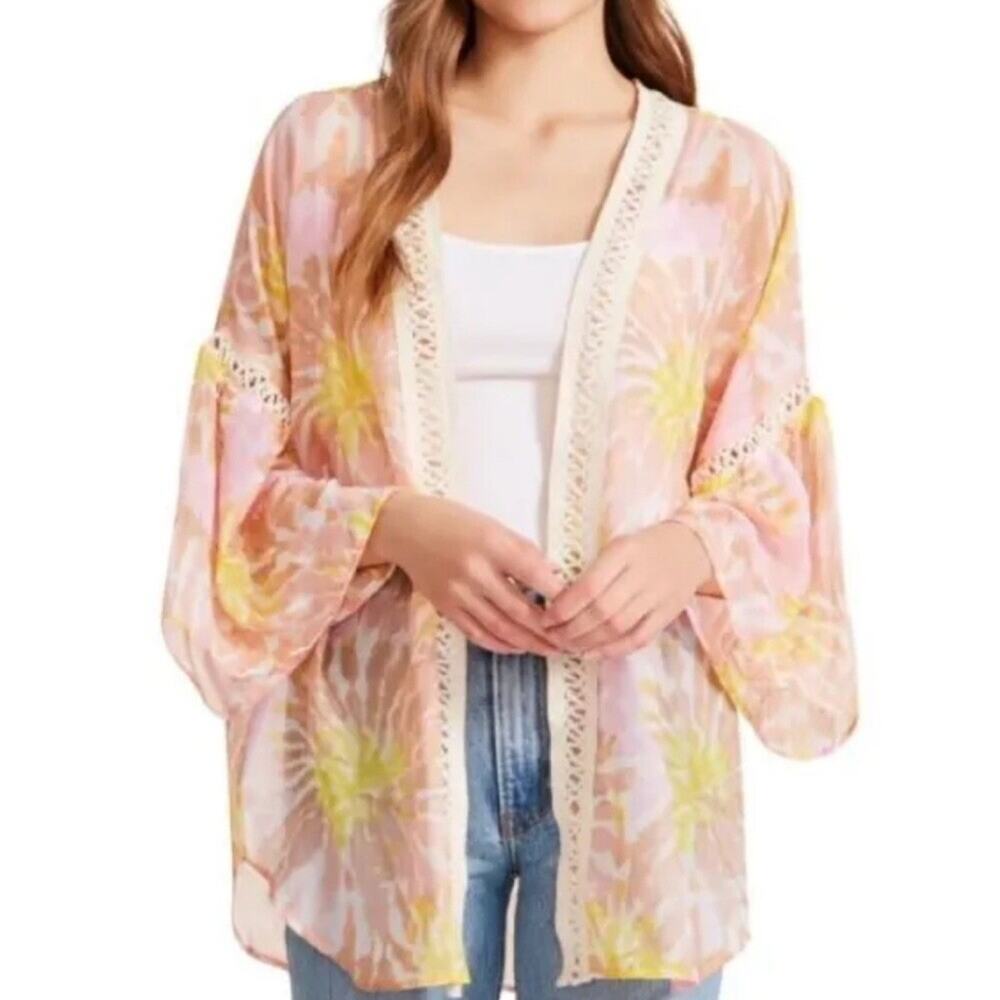 Steve Madden Sheer Pastel Floral Crochet-Trim Kimono OSFM Boho Cottagecore Beach